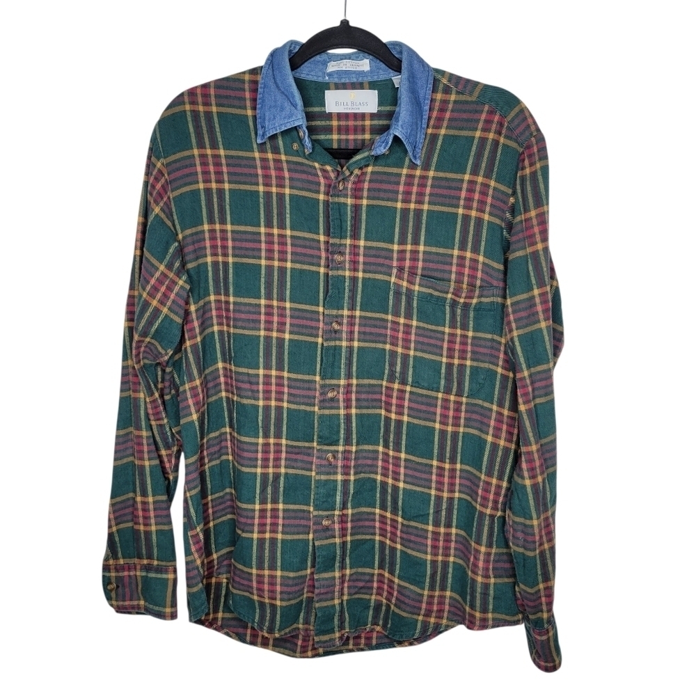 Vintage 90s Flannel Shirt Button Up Denim Collar Unique Grunge Size Medium